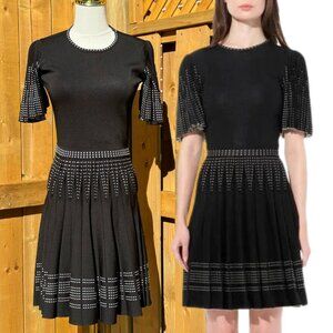 🆕 ALEXANDER MCQUEEN 🧿 NWOT Black/White Dot Pleat Fit n Flare Dress, Sz M